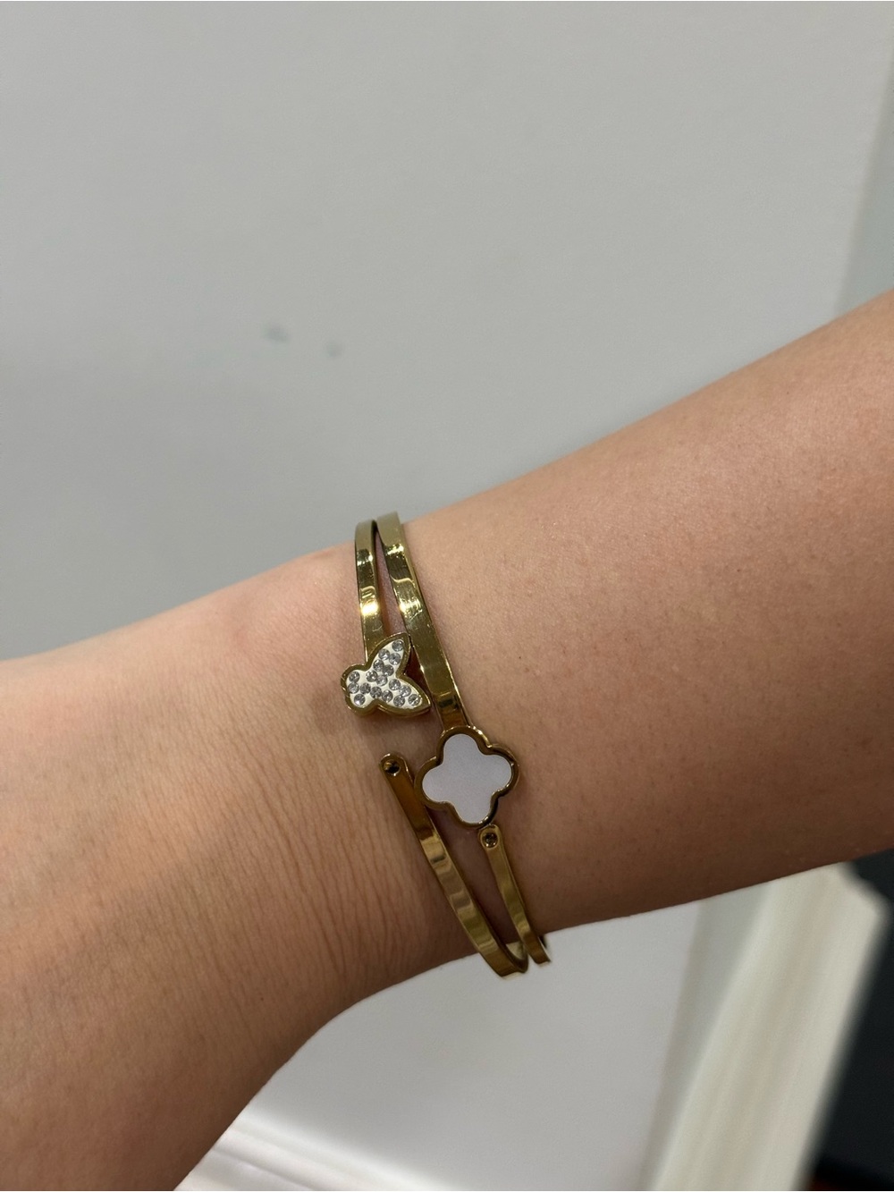 Gold White Clover Butterfly Bangle Bracelet